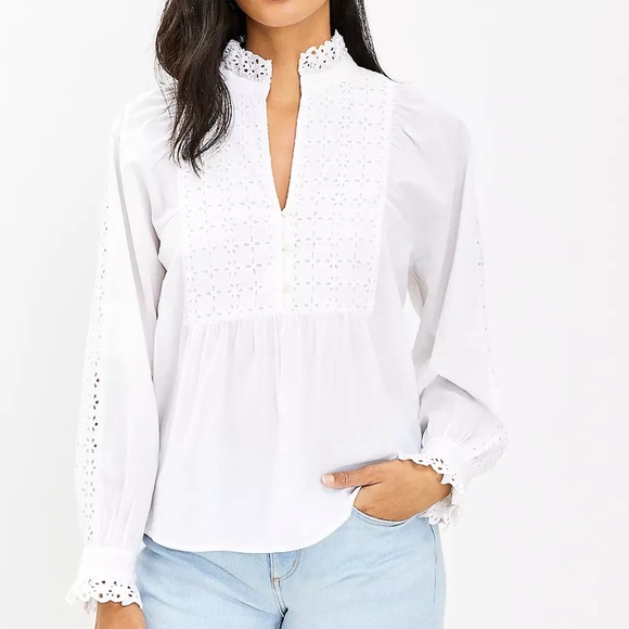 LOFT Eyelet Ruffle Bib Blouse Small NWT - Picture 2 of 11